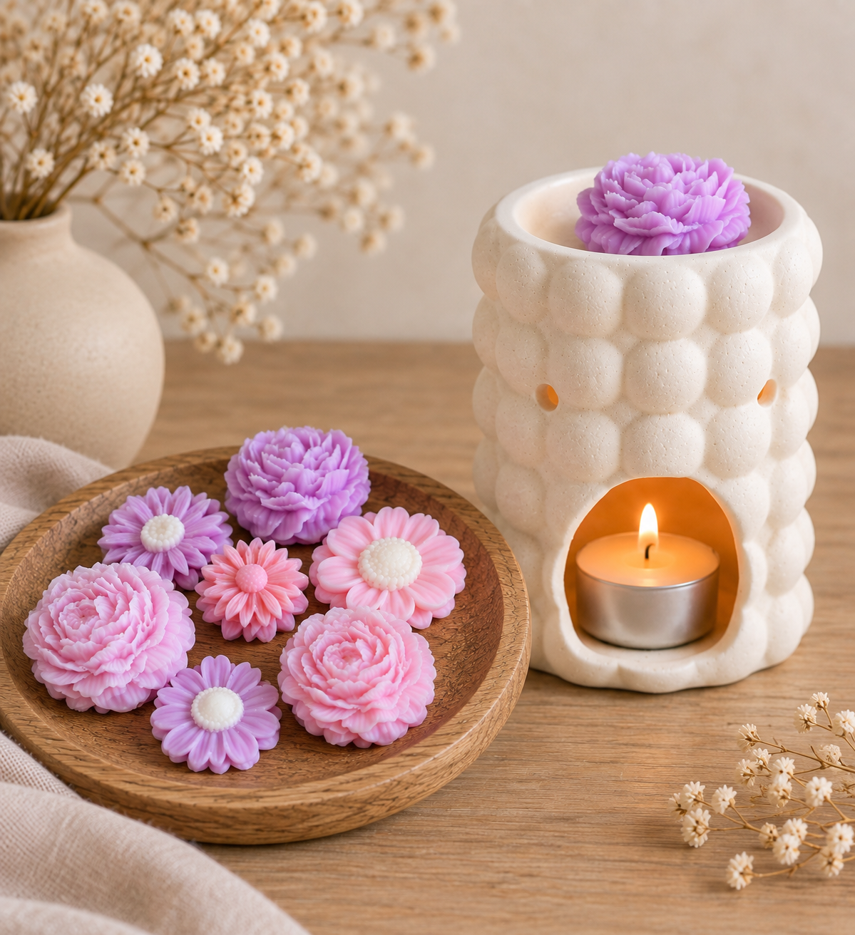 Waxbrander met bloemen waxmelts