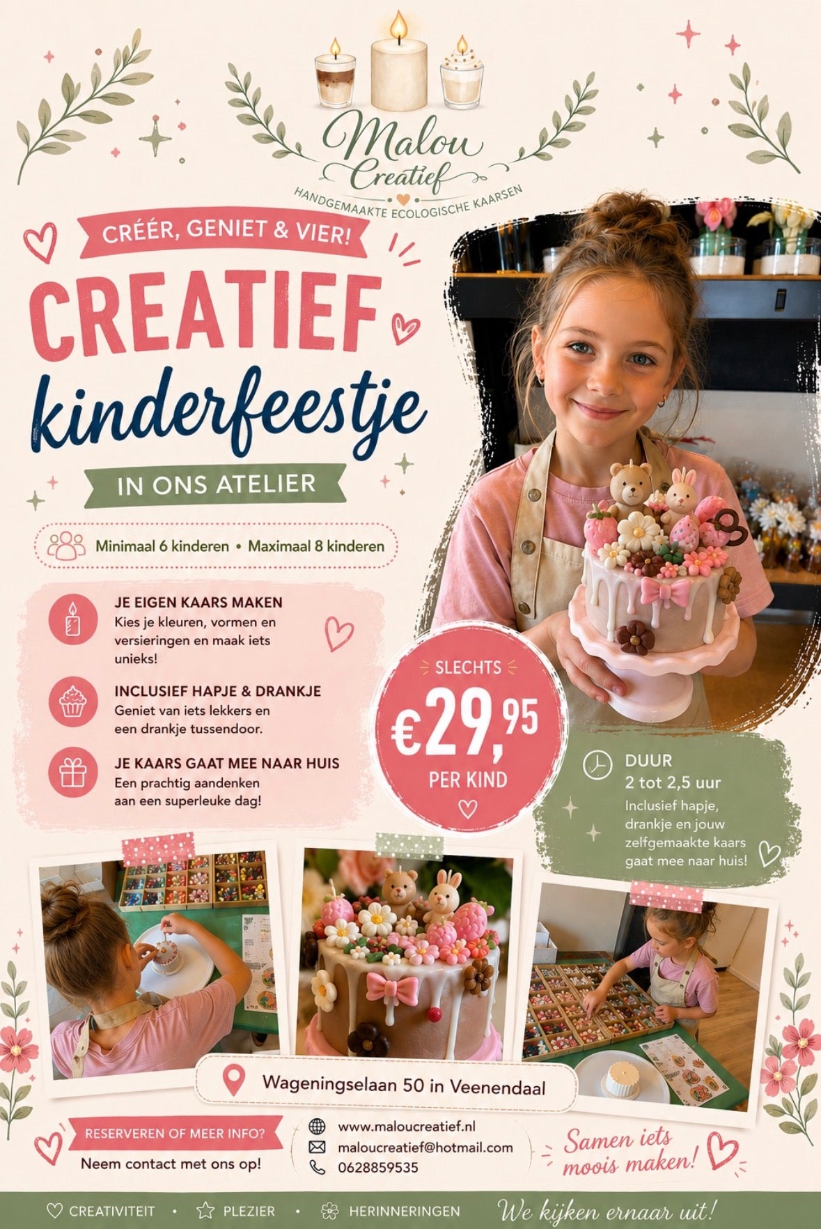 Kinderfeestje kaarsen taartje decoreren.