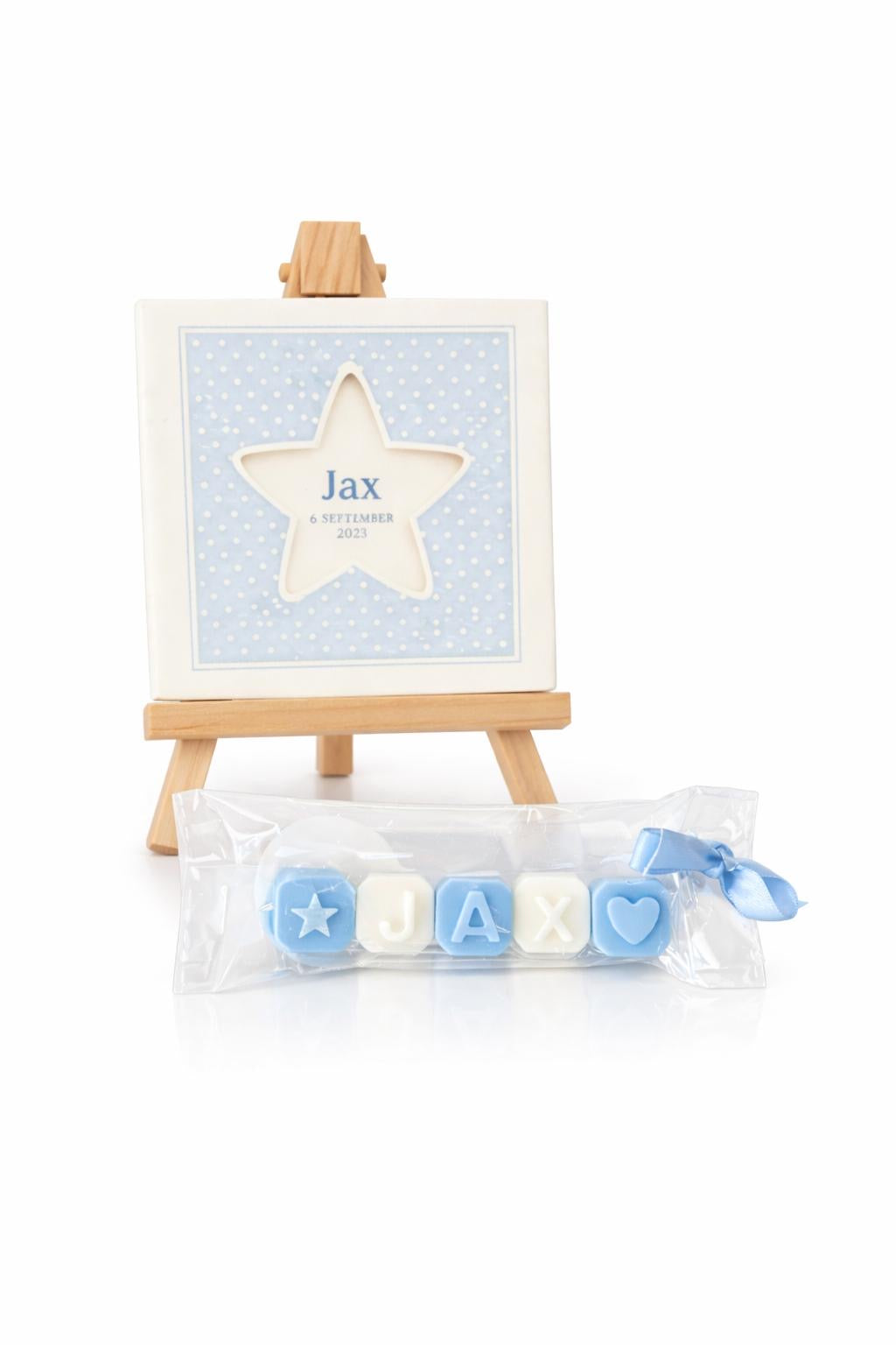 Waxmelts met naam met bijpassend tegeltje